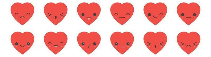 Cartoon heart shape emoji with different mood vector illustration collection