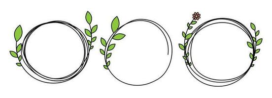 Hand drawn circle frame decoration element with leaves and flowers clip art vector