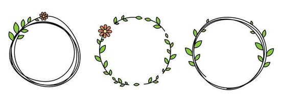 Hand drawn circle frame decoration element with leaves and flowers clip art vector