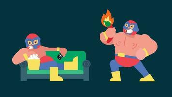 Mexican Wrestler Set with Mask Battle Acrobat Fighter Lucha Libre, Setting on sofa and eating popcorn, holding hot pepper, vector illustration cartoon