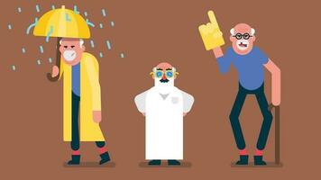 Old man standing and walking with sticks. Elderly man put funny glasses on his face, grandpa carry an umbrella and walking under rain, grandfather Cheering for his favorite team, Flat avatar vector