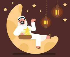 Arábica empresario personaje sentado en Ramadán hilal islámico Luna , joven hermoso emirati hombre en uae tradicional atuendo, árabe hombre con Kandora, bebiendo con cobre café maceta, plano avatar vector