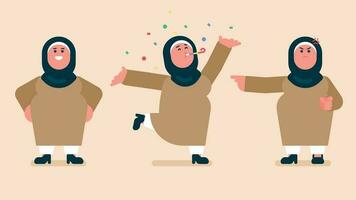 Arábica mujer personaje. diferente poses y emociones, hembra usa hijab en tradicional vestir de pie, celebrar felizmente, enojado islámico casa esposa patada alguien afuera, plano avatar vector ilustración.