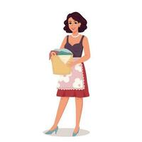 Young beautiful woman with dark hair stands holding basket of laundry in her hands. Housewife character is isolated on white. Vector illustration.