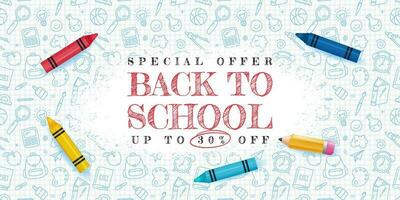Back to School Concept Banner with doodle background and cartoon 3D pencil. Vector illustration