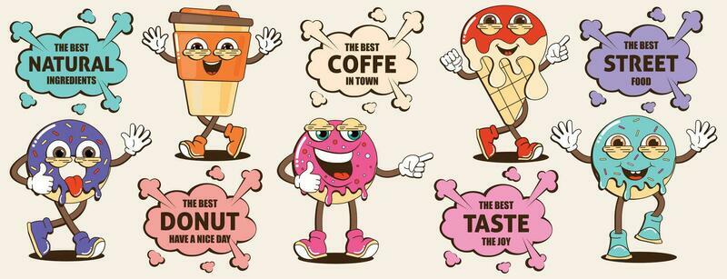 Trendy set of stickers with street food characters. Mascot branding for cafes, restaurants, bars. Stickers with abstract funny cute comic characters. Donut, coffee, ice cream, retro cloud with letteri