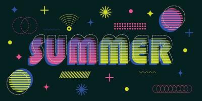 Colorful summer banner design with geometric shapes in trendy futuristic style. Poster, postcard, design for the site. Vector illustration.