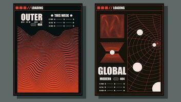 Retro futuristic flyer design template poster with sci-fi elements, grids, circles, lettering on black background. Vector illustration