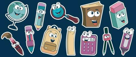 A set of stickers from school subjects. Funny retro cartoon-style characters. Globe, backpack, pen, pencil, calculator, book, marker, ruler, magnifying glass.Vector illustration. vector