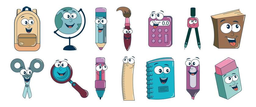 A set of stickers in retro groovy style of characters. Book, backpack, marker, pencil, eraser, ruler, scissors in cartoon style. Vector illustration.