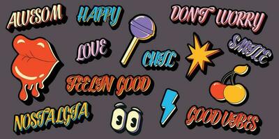 Stickers with quotes and text in retro style. Retro graphic design of lips, lollipop, quotes for stickers, prints, posters, cards, web design. Vector illustration.