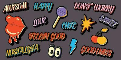 Stickers with quotes and text in retro style. Retro graphic design of lips, lollipop, quotes for stickers, prints, posters, cards, web design. Vector illustration.