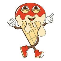 Retro sticker with walking funny cute comic ice cream character. Vector illustration. Retro style 80s, 90s.