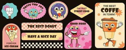 Trendy sticker set with cool retro characters of donut, coffee, ice cream. Mascot branding for cafe, takeaway, breakfast. Fresh bakery menu. Vector illustration.