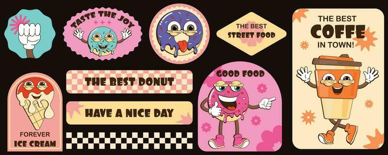 Trendy sticker set with cool retro characters of donut, coffee, ice cream. Mascot branding for cafe, takeaway, breakfast. Fresh bakery menu. Vector illustration.