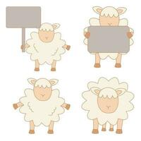 Sheep cartoon illustration set. Sheep holding blank board, cute and happy sheep vector illustration.