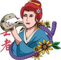 Vector japanese geisha culture illustration, Geisha with snake japanese, Geisha illustration