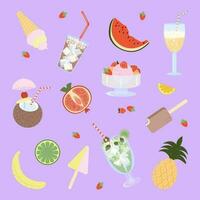 Set of refreshing drinks, fruits and ice cream. Vector illustration, flat style.