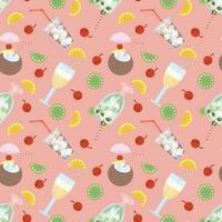 Colorful seamless pattern of refreshing drinks with fruits and berries. Vector illustration