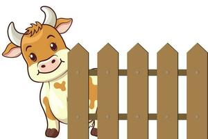 Cow with wood fence flat cartoon style vector