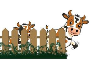 Cow with wood fence flat cartoon style vector