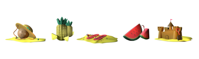 3d icoon zomer verzameling weergegeven geïsoleerd Aan de wit achtergrond. kokosnoot, ananas, pantoffel, watermeloen, en zand kasteel voorwerp voor uw ontwerp. png