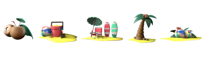 3d ícone verão coleção rendido isolado em a branco fundo. coco, areia balde, surfar quadro, coco árvore, e de praia bola objeto para seu Projeto. png