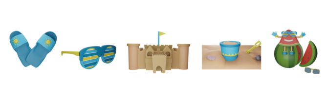 3d icône été collection rendu isolé sur le blanc Contexte. pantoufle, lunettes, le sable château, le sable seau, et pastèque objet pour votre conception. png