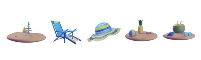 3d icona estate collezione reso isolato su il bianca sfondo. cartello, spiaggia sedia, spiaggia cappello, ananas, e Noce di cocco oggetto per il tuo design. png