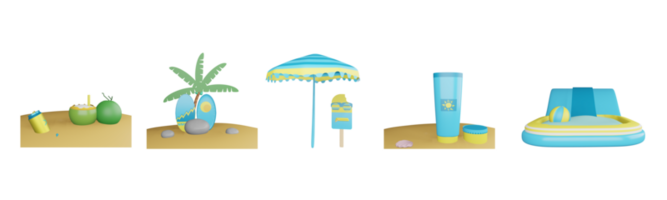 3d Symbol Sommer- Sammlung gerendert isoliert auf das transparent Hintergrund. Kokosnuss, Surfen Planke, Strand Regenschirm, Sonnencreme, und aufblasbar Schwimmbad Objekt zum Ihre Design. png