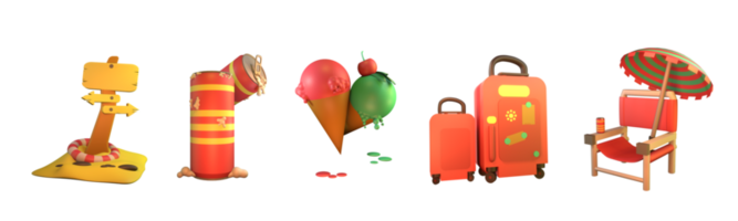 3D icon summer collection rendered isolated on the white background. Signpost, canned drink, ice cream, travel bag, and beach chair object for your design. png