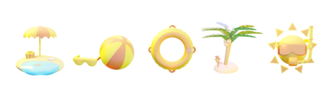 3D icon summer collection rendered isolated on the transparent background. Umbrella, ball, lifebuoy, coconut tree, and sun object for your design. png