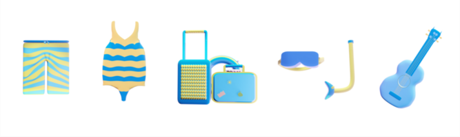 3D icon summer collection rendered isolated on the transparent background. beach pants, swimsuit, travel bag, diving glasses, and ukulele object for your design. png