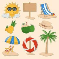 9 summer icon illustrations set isolated on the colored background vector