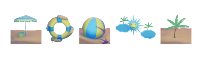 3d icoon zomer verzameling weergegeven geïsoleerd Aan de wit achtergrond. paraplu, reddingsboei, strand bal, zon, en kokosnoot boom voorwerp voor uw ontwerp. png