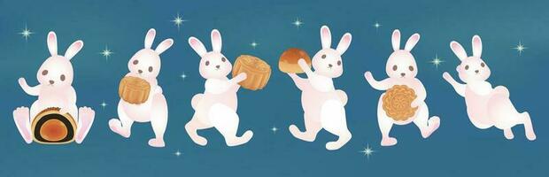 A set of moon rabbits in different poses, holding moon cakes, standing, jumping, suitable for Mid-Autumn Festival vector