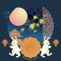 Greeting card for Mid-Autumn Festival, moon rabbit with lantern and osmanthus, full moon, Chinese characters on moon cakes are Mid-Autumn Festival vector