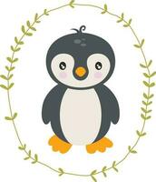 Cute penguin inside an oval leaves border vector