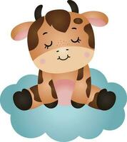 Adorable cow sitting on blue cloud vector