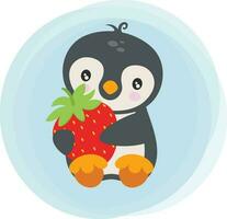 Cute penguin sitting holding a red strawberry vector