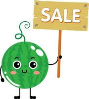 Funny watermelon mascot holding a wooden signboard with the inscription sale vector