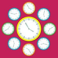 Retro Vector Clocks in yellow blue an orange Showing diffrent hours