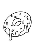 Cute Kawaii Donut. Vector Line Art Illustration. Charming vector line art illustration featuring a cute kawaii style donut, with delicate black lines on a clean white background.