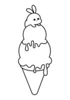 Cute Kawaii Ice Cream with Bunny.  Vector Line Art. Charming vector line art illustration of a kawaii style ice cream with an adorable bunny, featuring black lines on a white background.