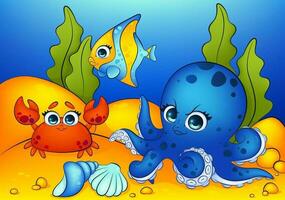 Colorful vector illustration of a cute underwater world with octopus, fish, and crab characters in a playful cartoon style