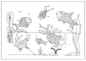 Fish and underwater world. Hand-drawn vector Illustration for coloring. Jumping fish.