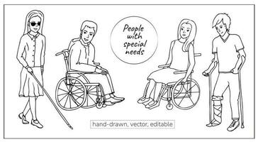 Hand-drawn doodle set. People with special needs, in a wheelchair, blind, poor eyesight, broken leg vector