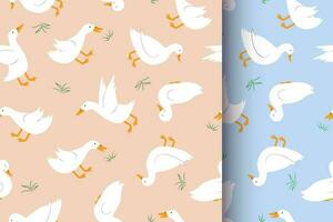 Nice seamless duck pattern. Endless background in two colours. For kids linen, fabric, wallpaper, wrapping paper. Cute, funny ducks ornament. Cartoon white ducks. vector