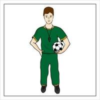 futbolista. un hombre jugando fútbol. chico participación un pelota. dibujado a mano garabatear fútbol ilustración. vector