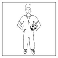 futbolista. un hombre jugando fútbol. chico participación un pelota. dibujado a mano garabatear fútbol ilustración. vector